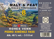 Lade das Bild in den Galerie-Viewer, 11a - EIFEL WHISKY MALT &amp; PEAT 8 JAHRE &quot;Hohes Venn&quot; &quot;P.X. Cask&quot; 350 ML - 46%VA
