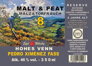 11a - EIFEL WHISKY MALT & PEAT 8 JAHRE "Hohes Venn" "P.X. Cask" 350 ML - 46%VA